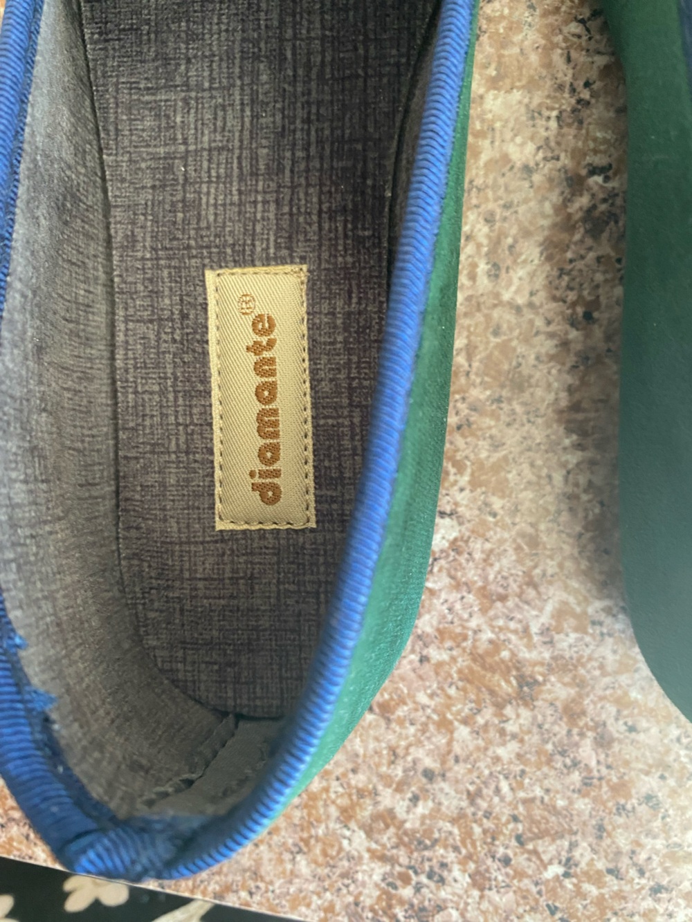 Diamante Women's Emerald Green Slip-On Flats with Blue Trim - Picture 2 of 7